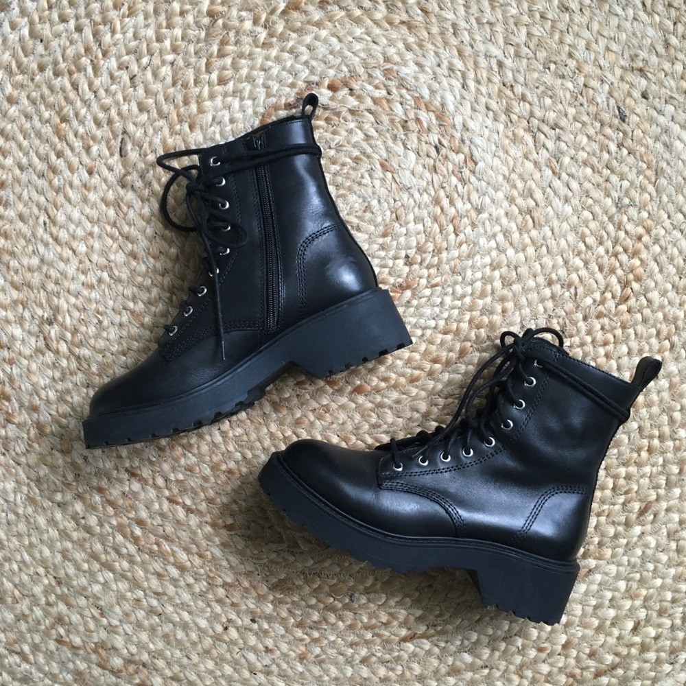 Steve Madden Tornado Black Leather Combat Bootie.
